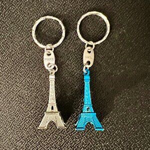2 Eiffel Tower Paris Keychains - Blue and Silver